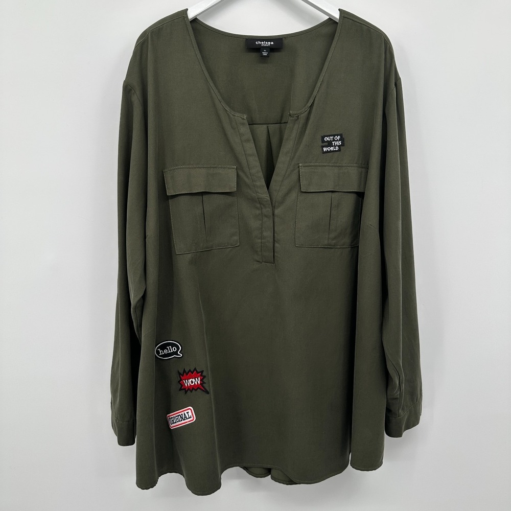 Chelsea Studio Tunic Top Shirt Size 4X Army Green Henley Long Sleeve Utility‎
